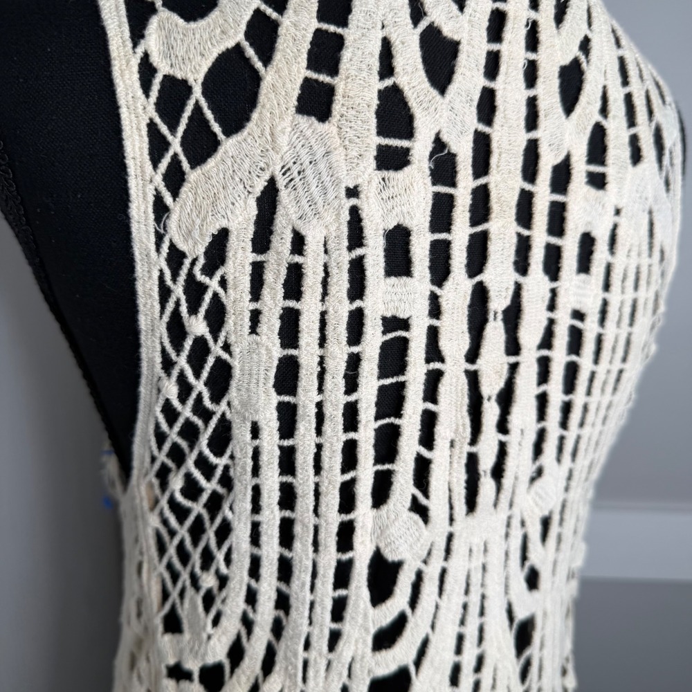 Love Tree Crochet Fringe Vest Womens Large Cream Boho Open Front Knit Layering - Picture 4 of 7